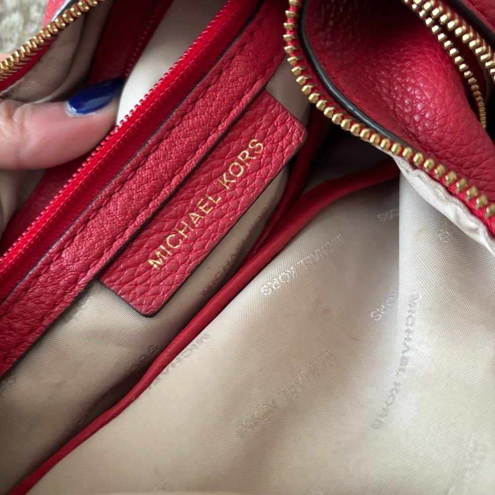 Michael Kors | Women's Red Leather Shoulder Hobo Bag - Picture 11 of 12